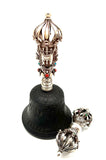 Silver Dorje and Bell Set with Emerald and Ruby