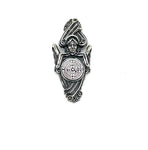 Silver pendant with intricate angel holding a labyrinth design on a white background