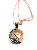 A silver and copper Yin Yang pendant on a orange chain against a white background