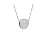 A silver heart necklace on a 16" chain.