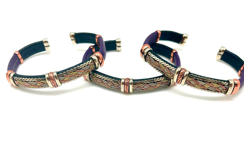 Tri-colored Purple & Black Leather Cuff Bracelet