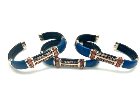 Tri-colored Blue & Black Leather Cuff Bracelet