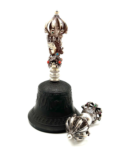 Silver Dorje and Bell Set with Emerald and Ruby