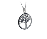A silver necklace featuring a circular pendant with a detailed Tree of Life design in the center, displayed against a white background.