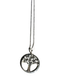 A silver necklace featuring a circular pendant with the Tree of Life design, attached to a chain.