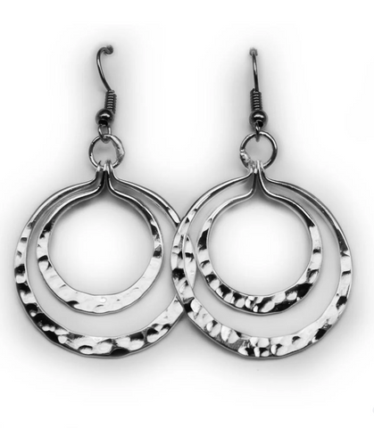 Double Circle Drop Silver Earrings